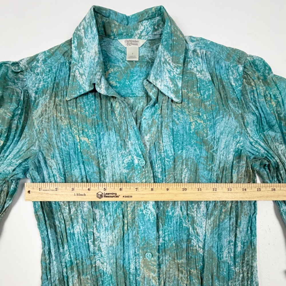 Christopher & Banks Womens Teal Green Crinkle Button Down Shirt 3/4 Sleeve Small - Picture 3 of 8